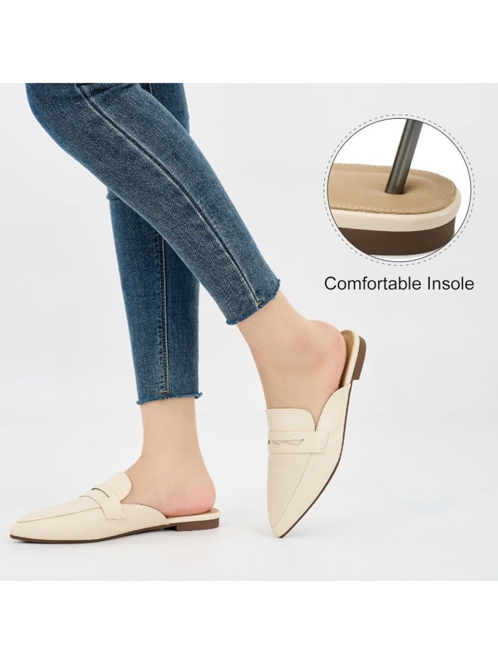 Women's Mules Light Beige Slingback Flats Pointed Toe Backless Loafers Shoes - Picture 6 of 6